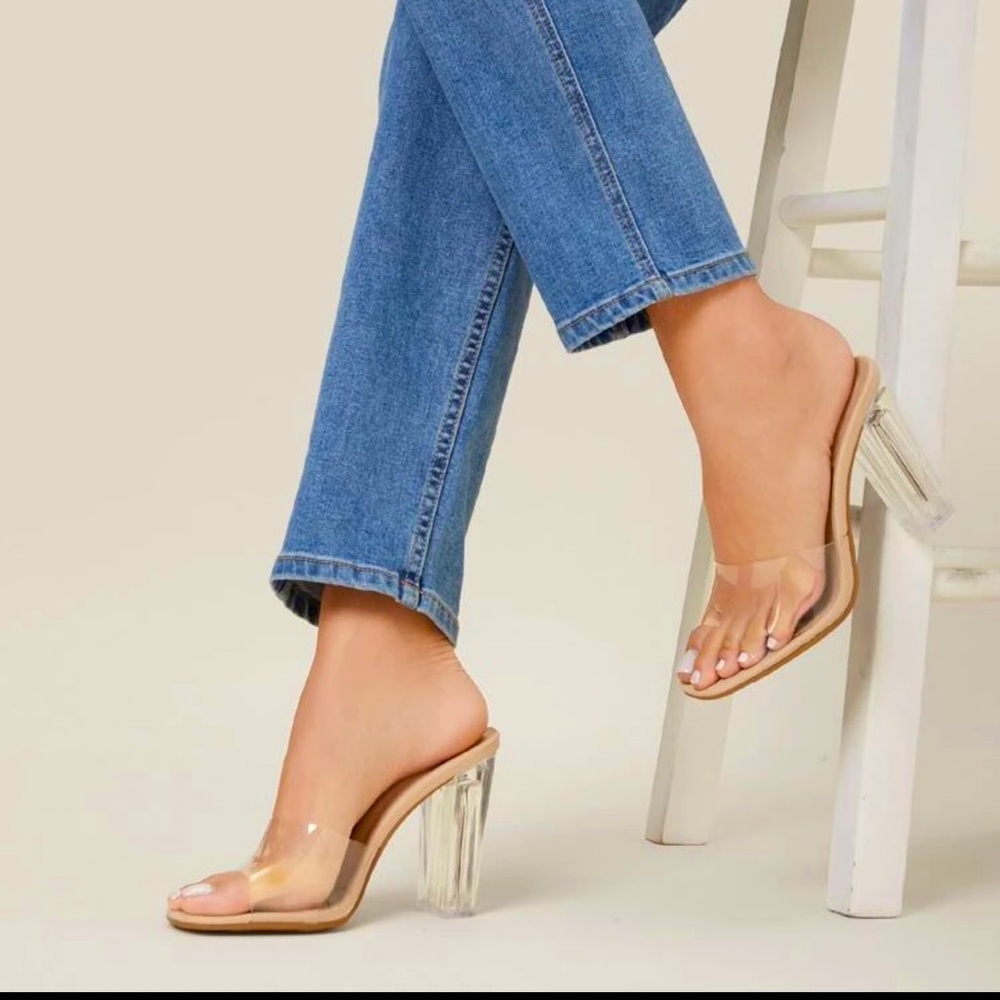 Transparent Vamp Slip-On High Block Heels. Size 7.